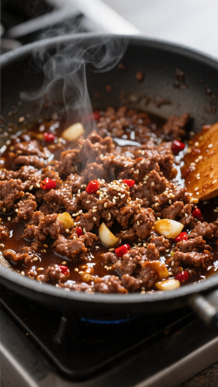 Cooking process close-up: Deeply browned crumbled ground beef sizzling in a wide skillet, glossy swe