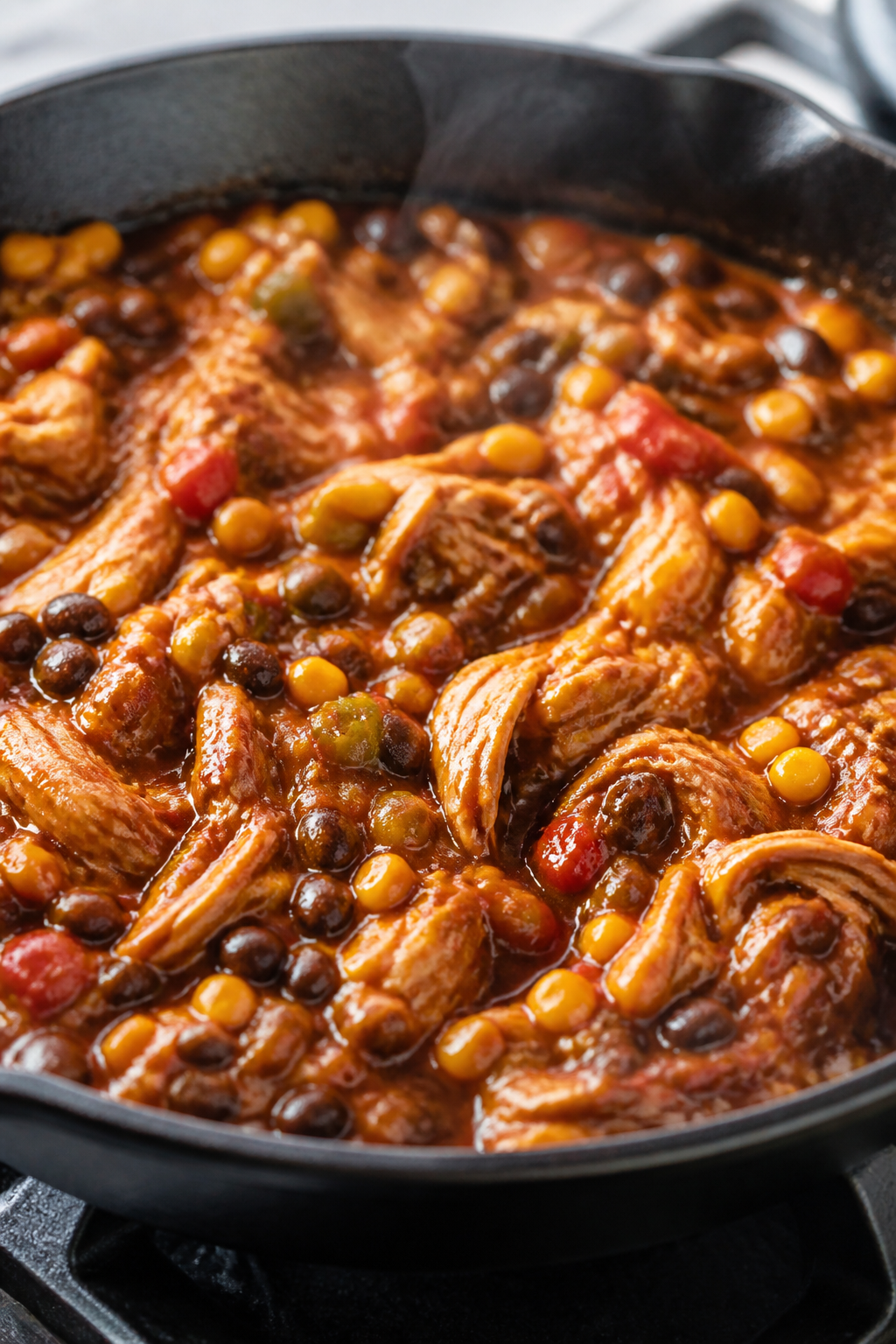Cooking process, close-up detail: A 12-inch cast-iron skillet on the stovetop filled with glossy, sa