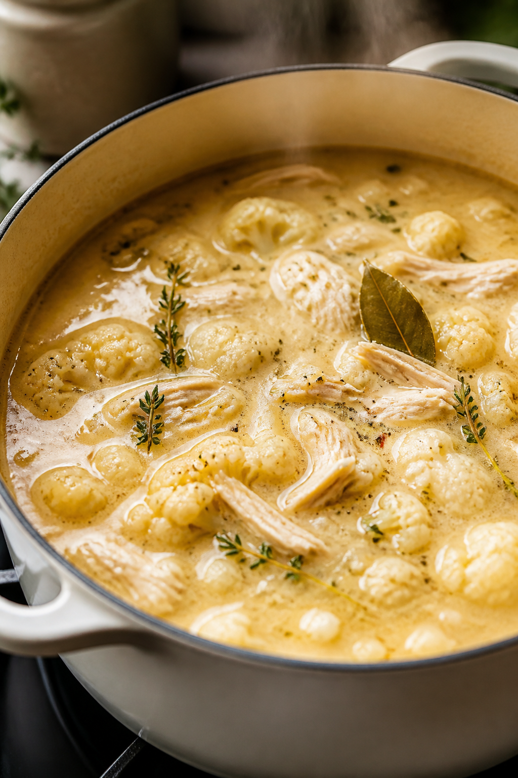 Cooking process, close-up detail: A glossy, simmering pot of creamy garlic chicken cauliflower soup 