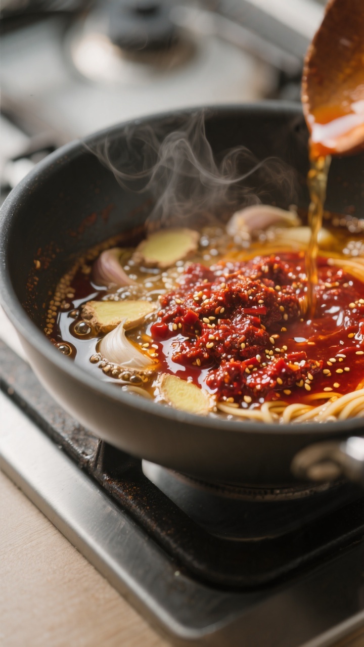 Cooking process, close-up detail: A shallow-depth-of-field close-up of chili paste and aromatics blo