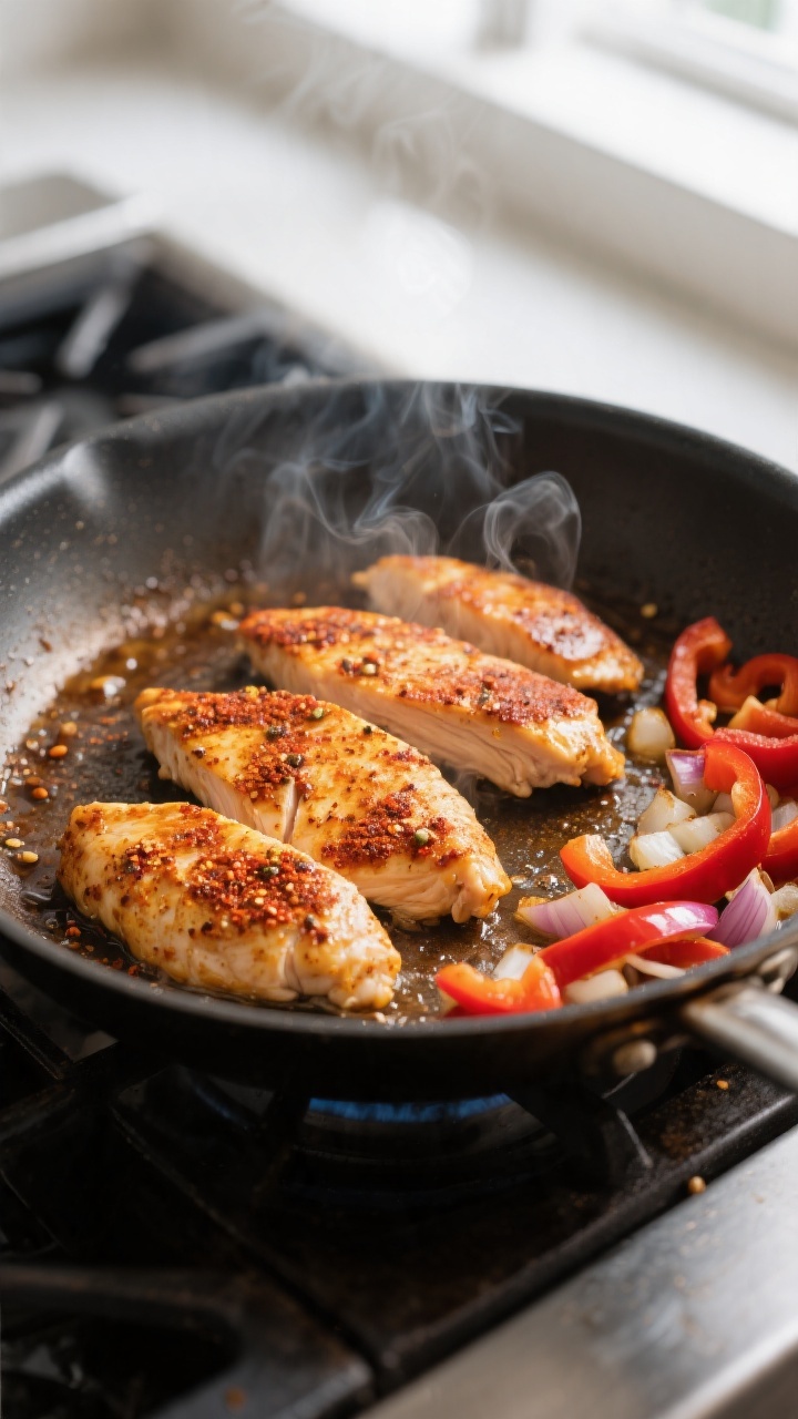 Cooking process, close-up detail: Cajun-spiced chicken breast strips searing in a large skillet, gol