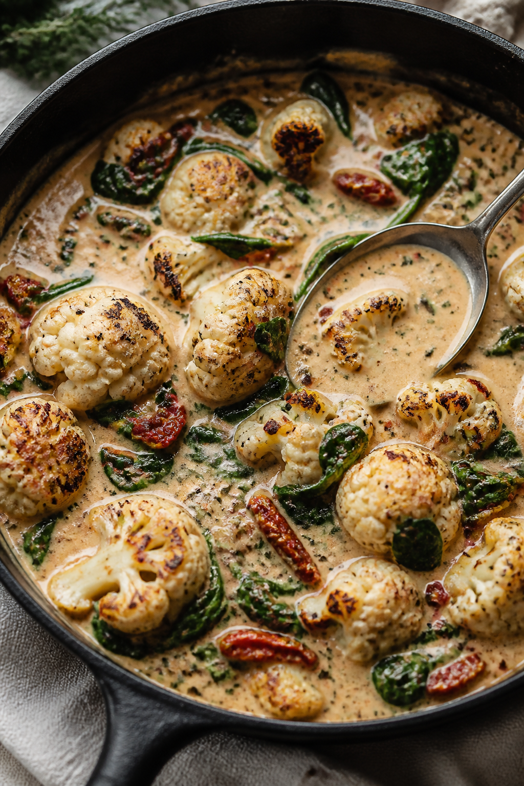 Cooking process, close-up detail: Cauliflower florets simmering in a creamy Tuscan sauce in a deep s