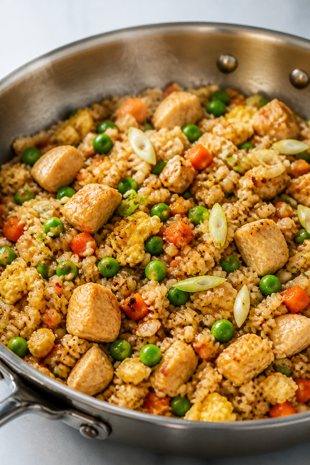 Cooking process, close-up detail: Cauliflower fried rice with chicken sizzling in a wide, stainless-