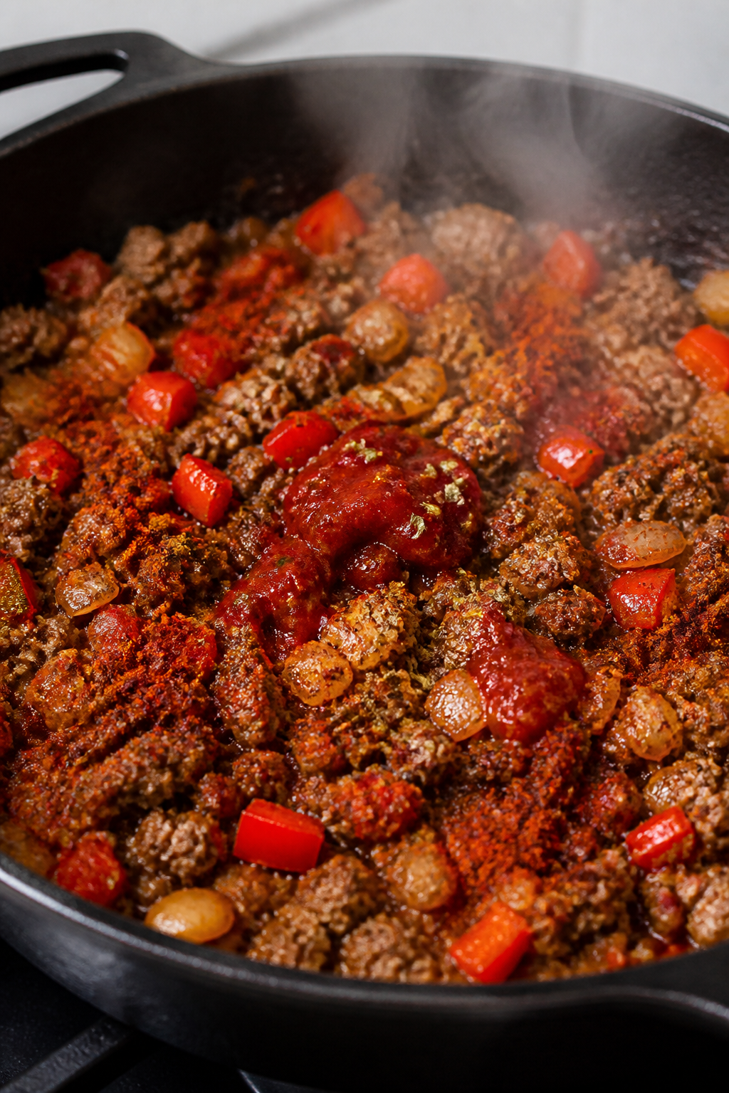 Cooking process, close-up detail: Close-up of browned ground beef and softened diced onion and red b