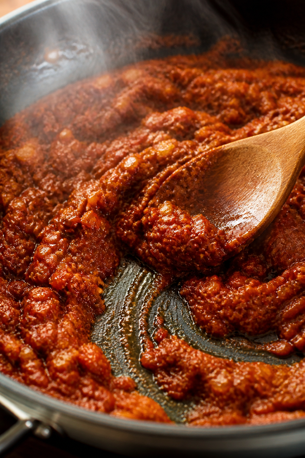 Cooking process, close-up detail: Close-up of curry paste blooming in a sauté pan with softened oni