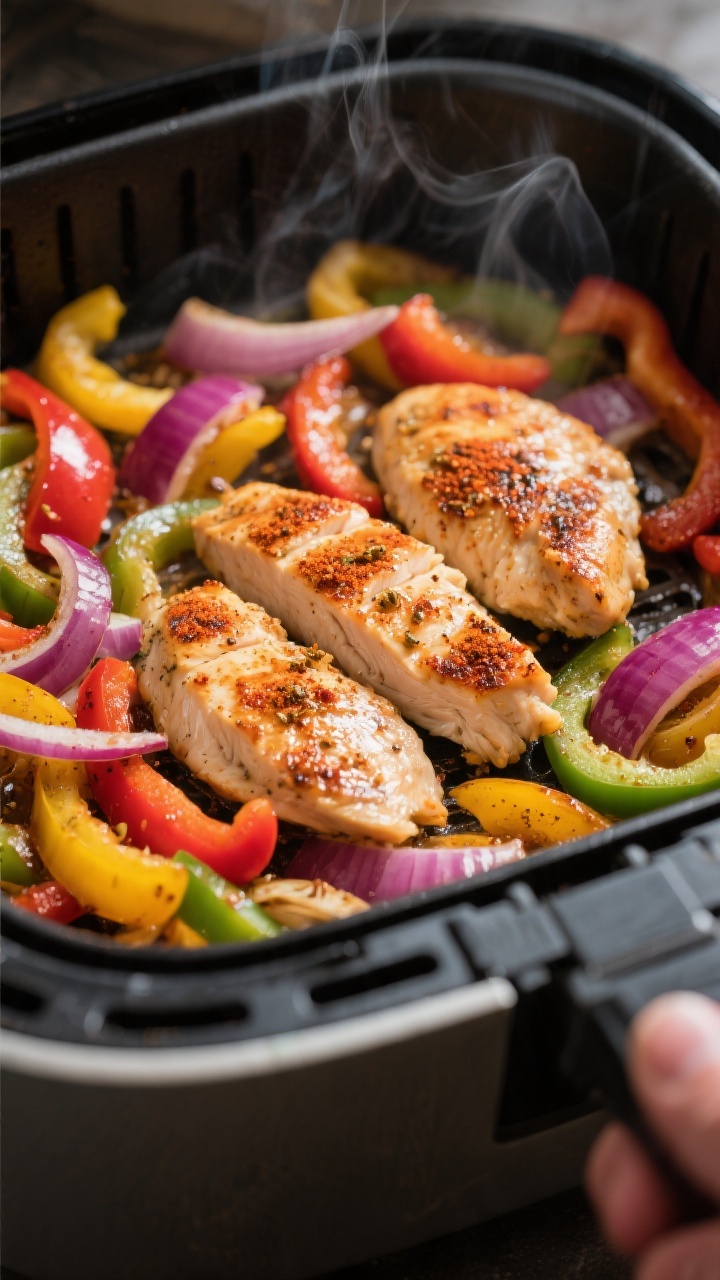 Cooking process, close-up detail: Close-up of sizzling air fryer chicken fajitas mid-cook in the bas