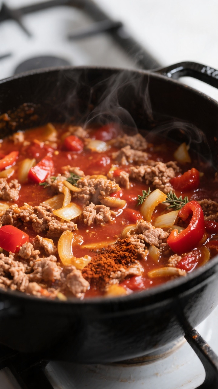 Cooking process, close-up detail: Close-up of turkey chili base sizzling in a matte-black Dutch oven