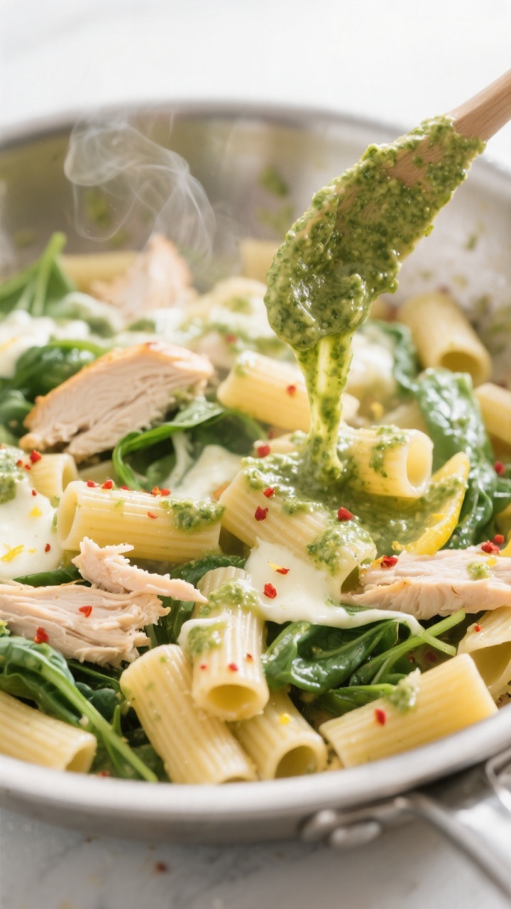 Cooking process, close-up detail: Creamy pesto sauce being stirred into al dente rigatoni and shredd