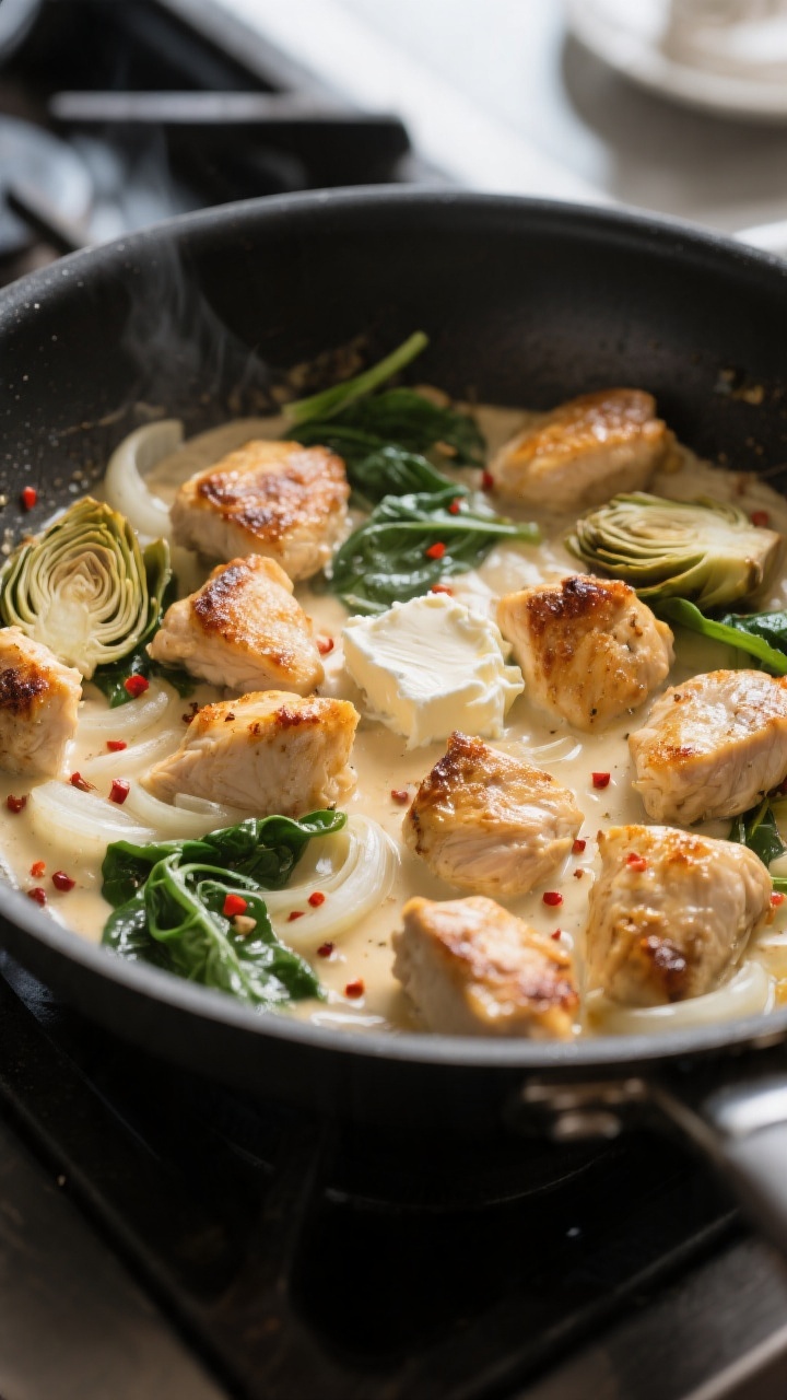 Cooking process, close-up detail: Golden-browned bite-size chicken pieces sizzling in a large skille