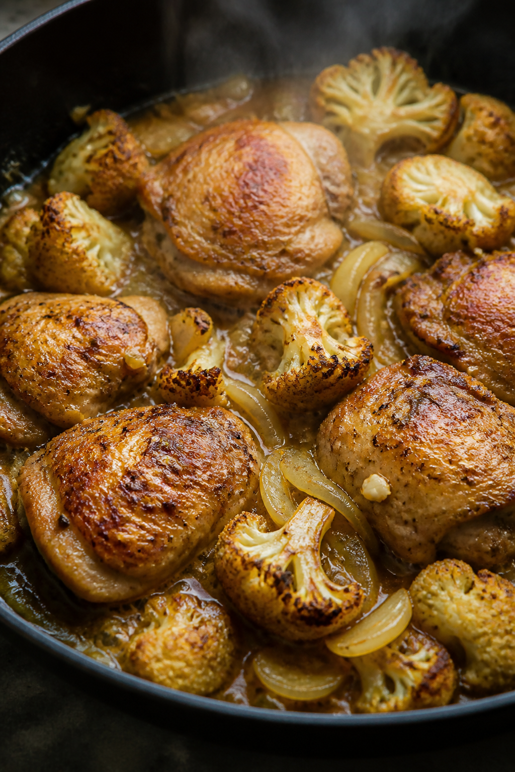 Cooking process, close-up detail: Golden-browned chicken thigh pieces and caramelized cauliflower fl