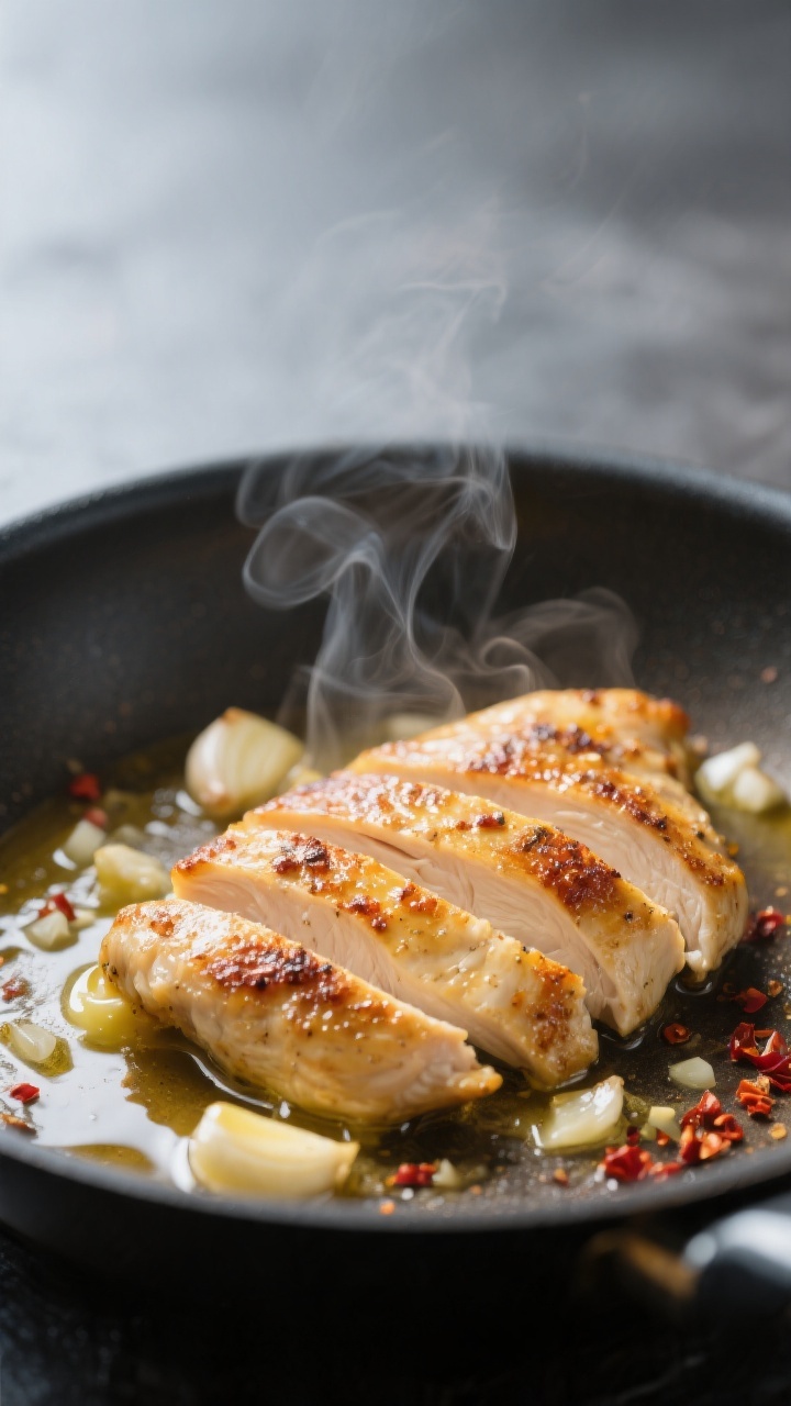 Cooking process, close-up detail: Golden seared chicken cutlets sliced into strips resting in a skil