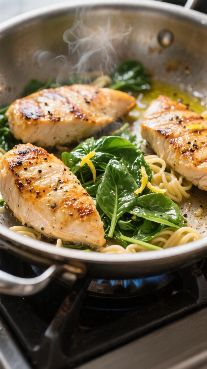 Cooking process, close-up detail: Golden seared chicken breast pieces sizzling in a wide stainless s