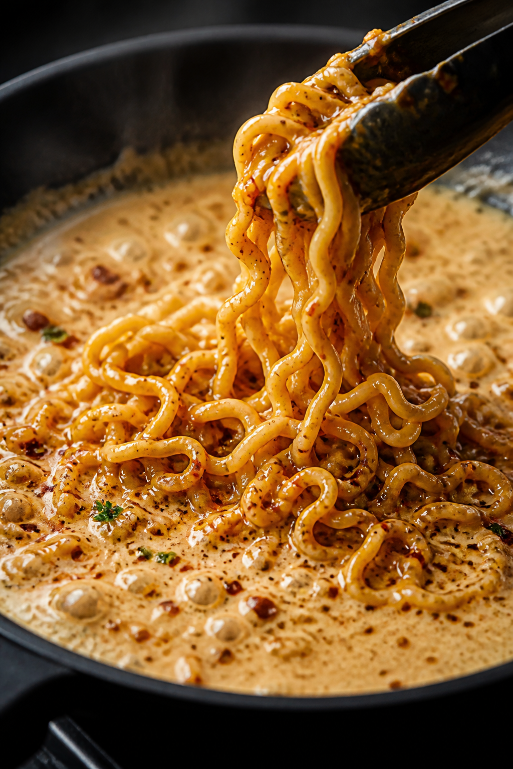 Cooking process, close-up detail: In a black skillet over medium heat, creamy Alfredo base bubbling 