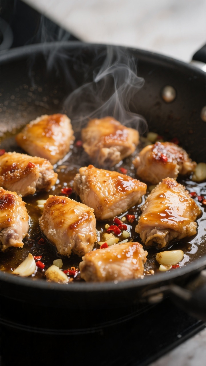 Cooking process, close-up detail: Juicy bite-size chicken thigh pieces searing in a large skillet, g