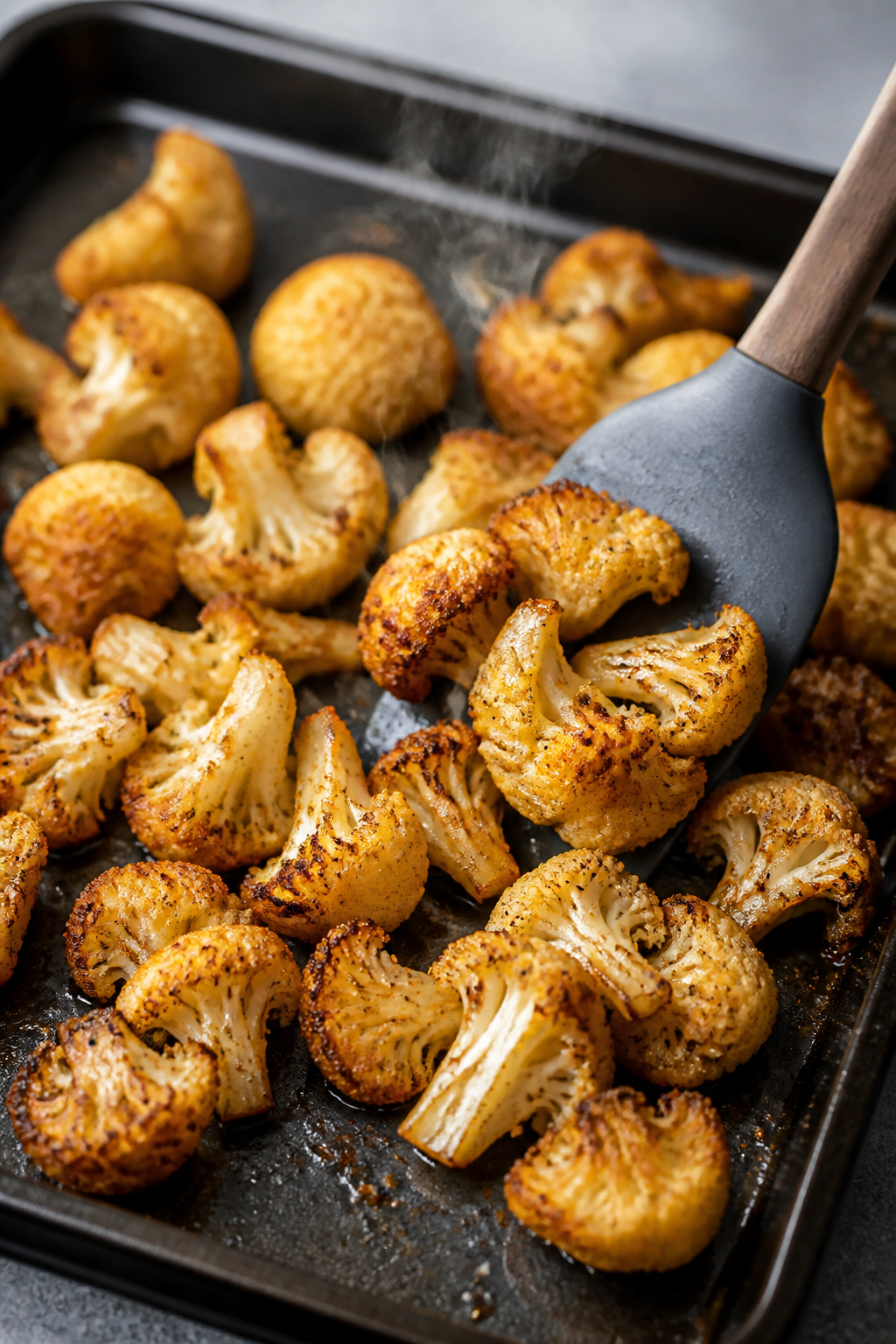 Cooking process, close-up detail: Roasted cauliflower florets fresh from the oven on a dark sheet pa