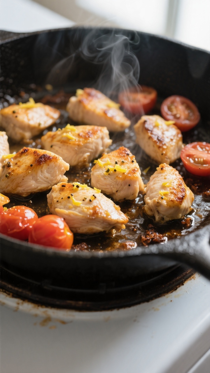 Cooking process, close-up detail: Searing bite-size chicken pieces in a large skillet, golden-brown 