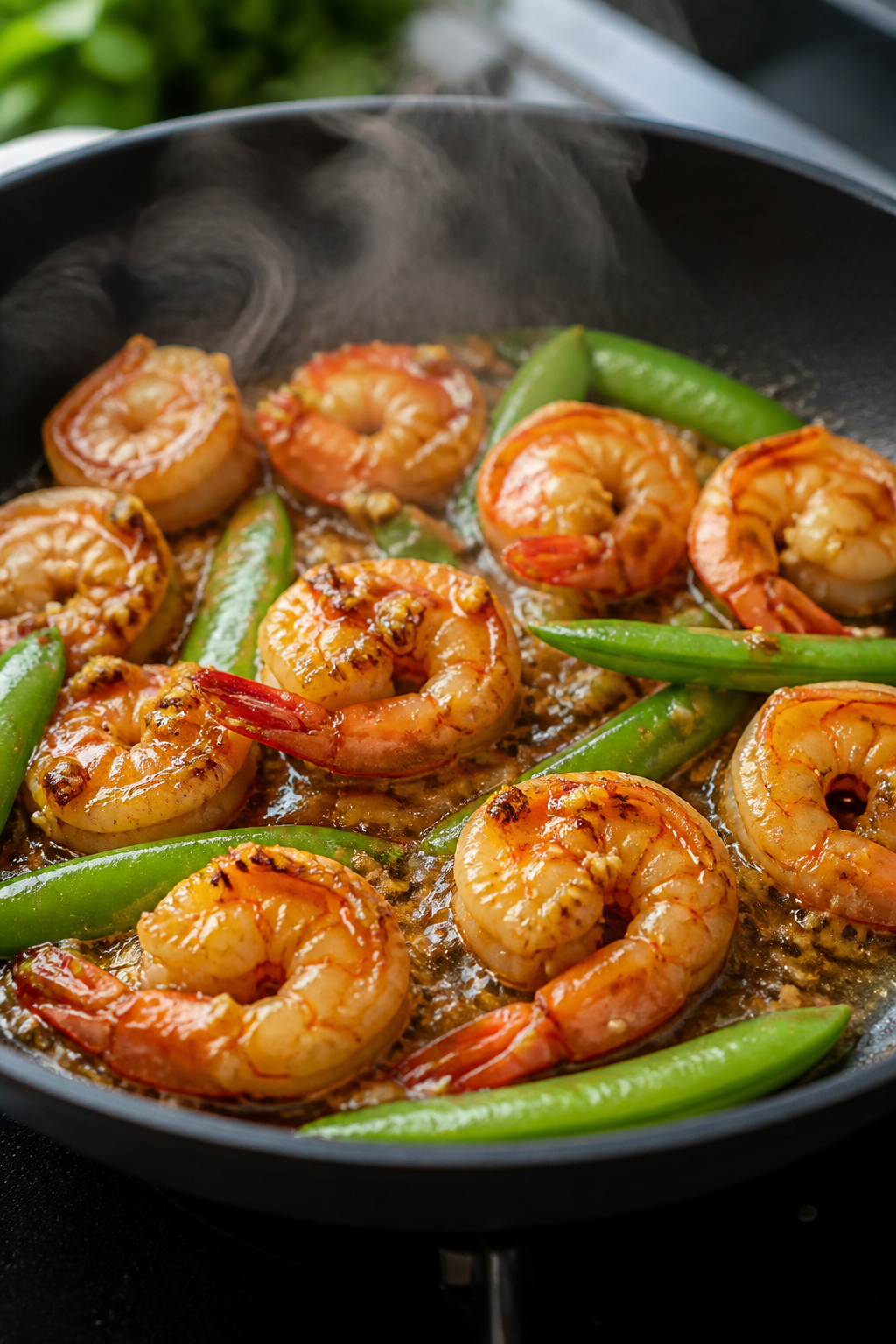 Cooking process, close-up detail: Searing honey-garlic shrimp in a large nonstick skillet, shrimp ju