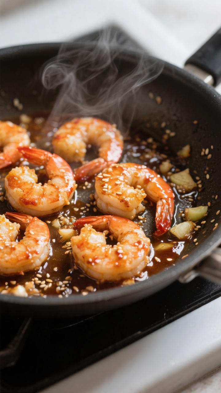 Cooking process, close-up detail: Searing honey sriracha shrimp in a large skillet, shrimp curled an