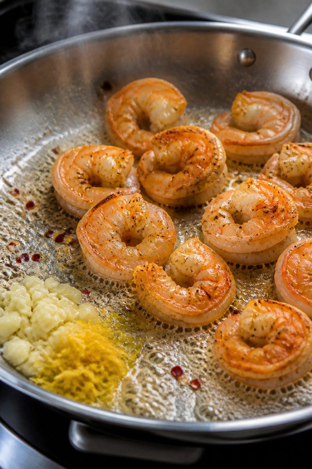 Cooking process, close-up detail: Searing large shrimp in a stainless steel skillet, shells off and