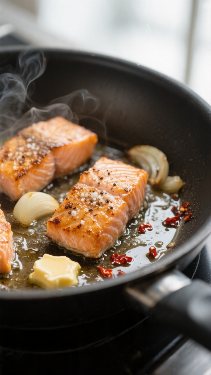 Cooking process, close-up detail: Searing salmon chunks in a large skillet after patting dry and sea