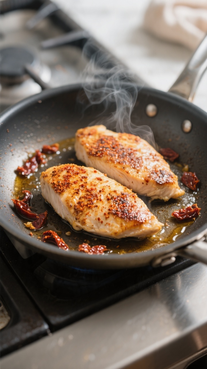 Cooking process, close-up detail: Searing seasoned chicken breast cutlets in a wide stainless skille