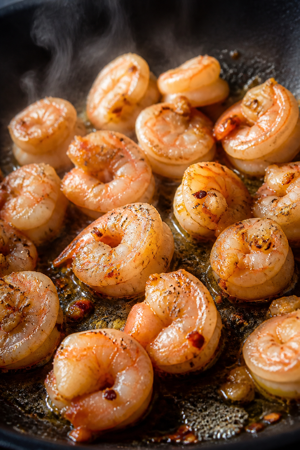 Cooking process, close-up detail: Searing seasoned shrimp in a large skillet, just-turning-pink and