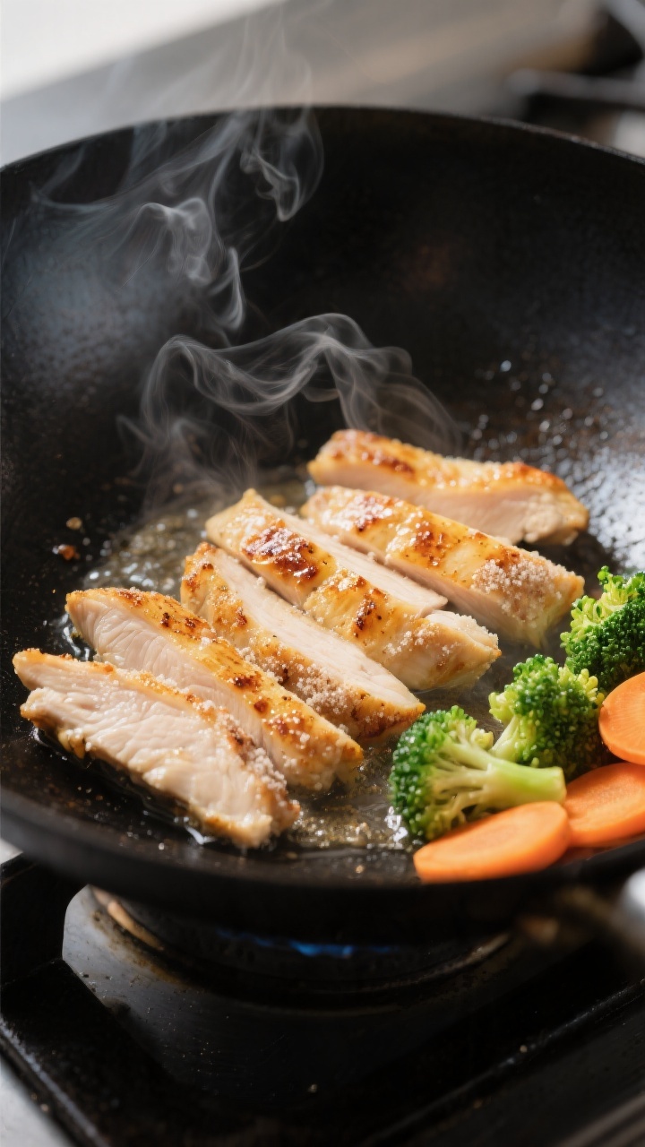 Cooking process, close-up detail: Searing strips of cornstarch-dusted chicken in a wok over medium-h