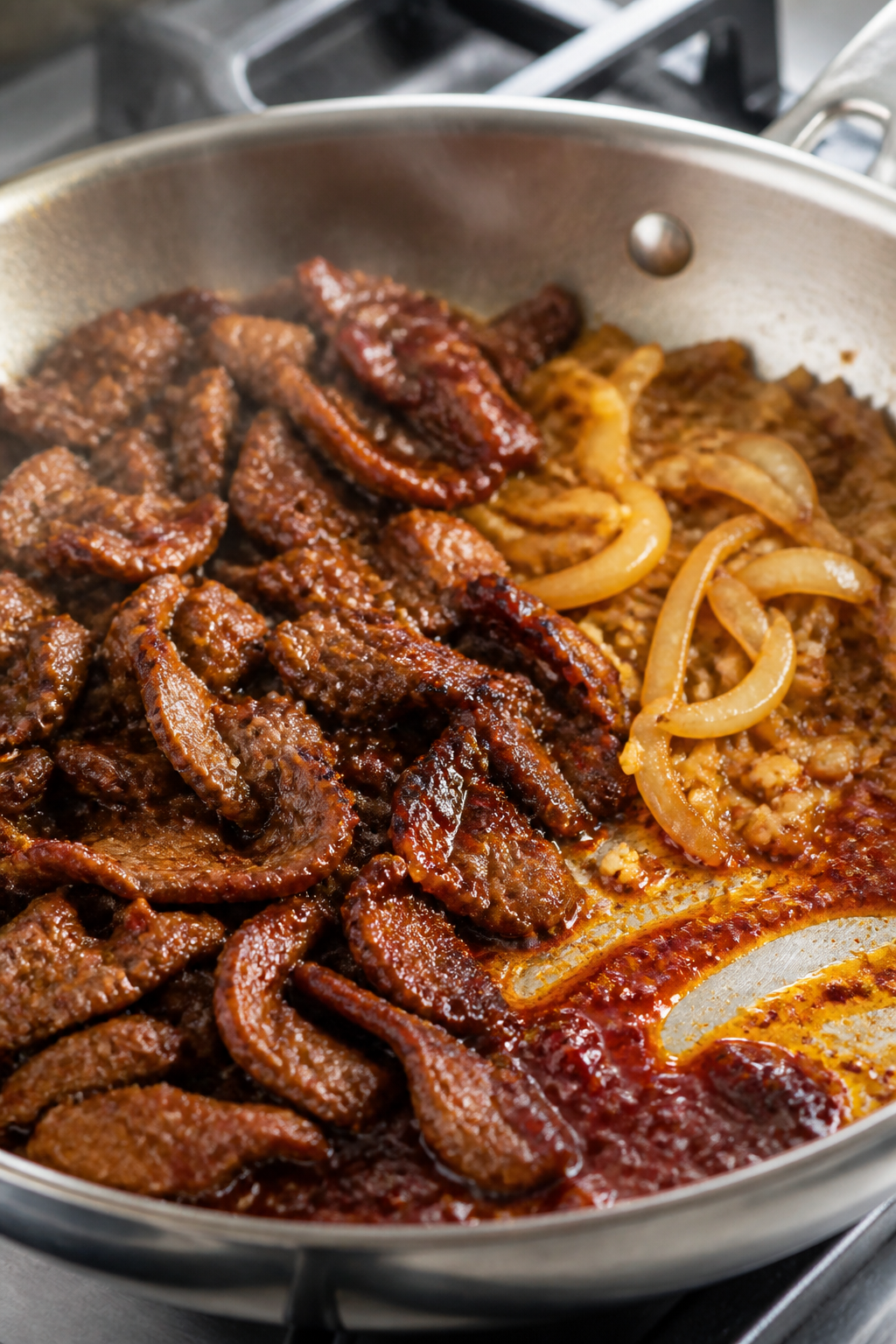 Cooking process, close-up detail: Searing thinly sliced ribeye for Creamy Korean BBQ Pasta in a wide