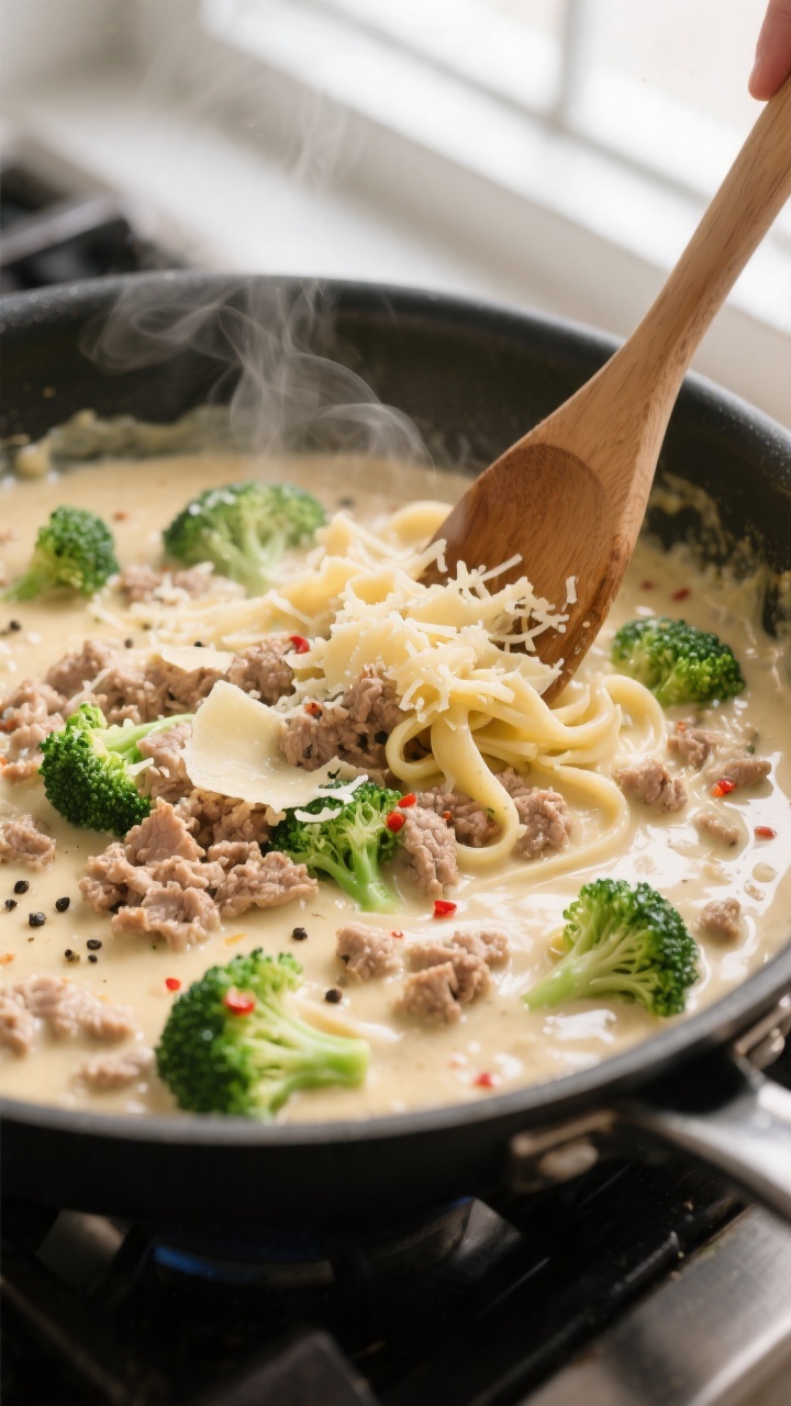 Cooking process, close-up detail: Silky turkey Alfredo sauce simmering in a deep stainless skillet, 