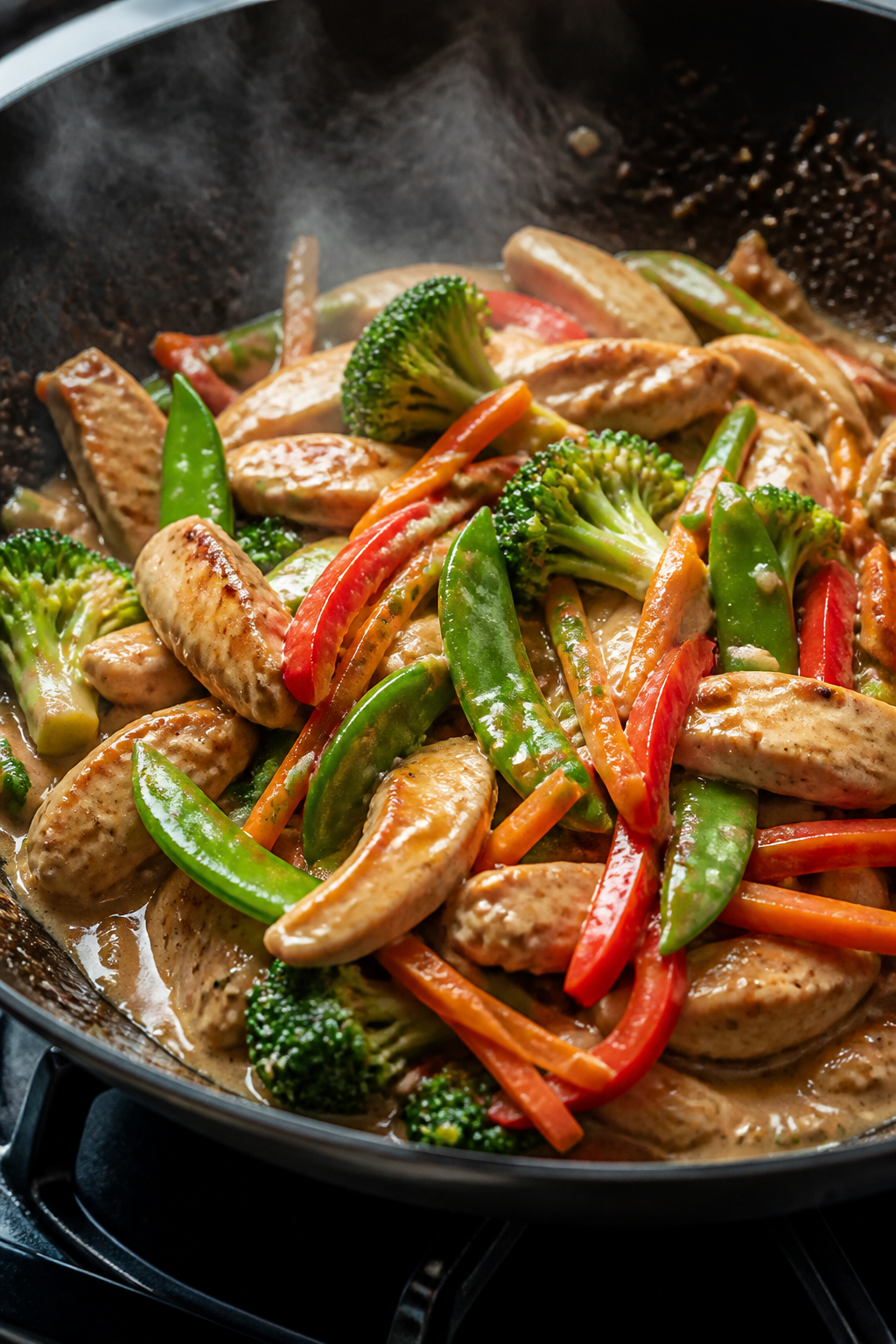 Cooking process, close-up detail: Sizzling Asian Chicken Alfredo Stir Fry in a large wok, close-up o