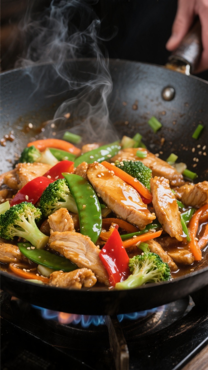 Cooking process, close-up detail: Sizzling chicken stir fry in a carbon steel wok over high heat, th