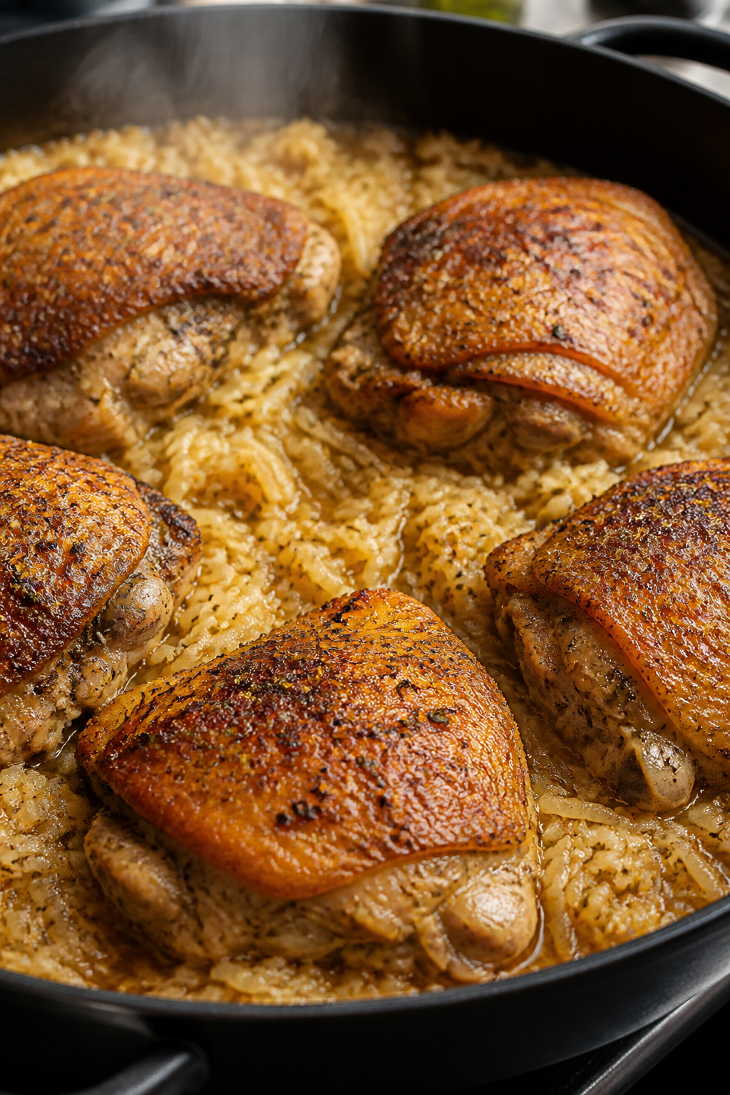 Cooking process, close-up detail: Sizzling, golden-seared chicken thighs (bone-in, skin-on) nestled 