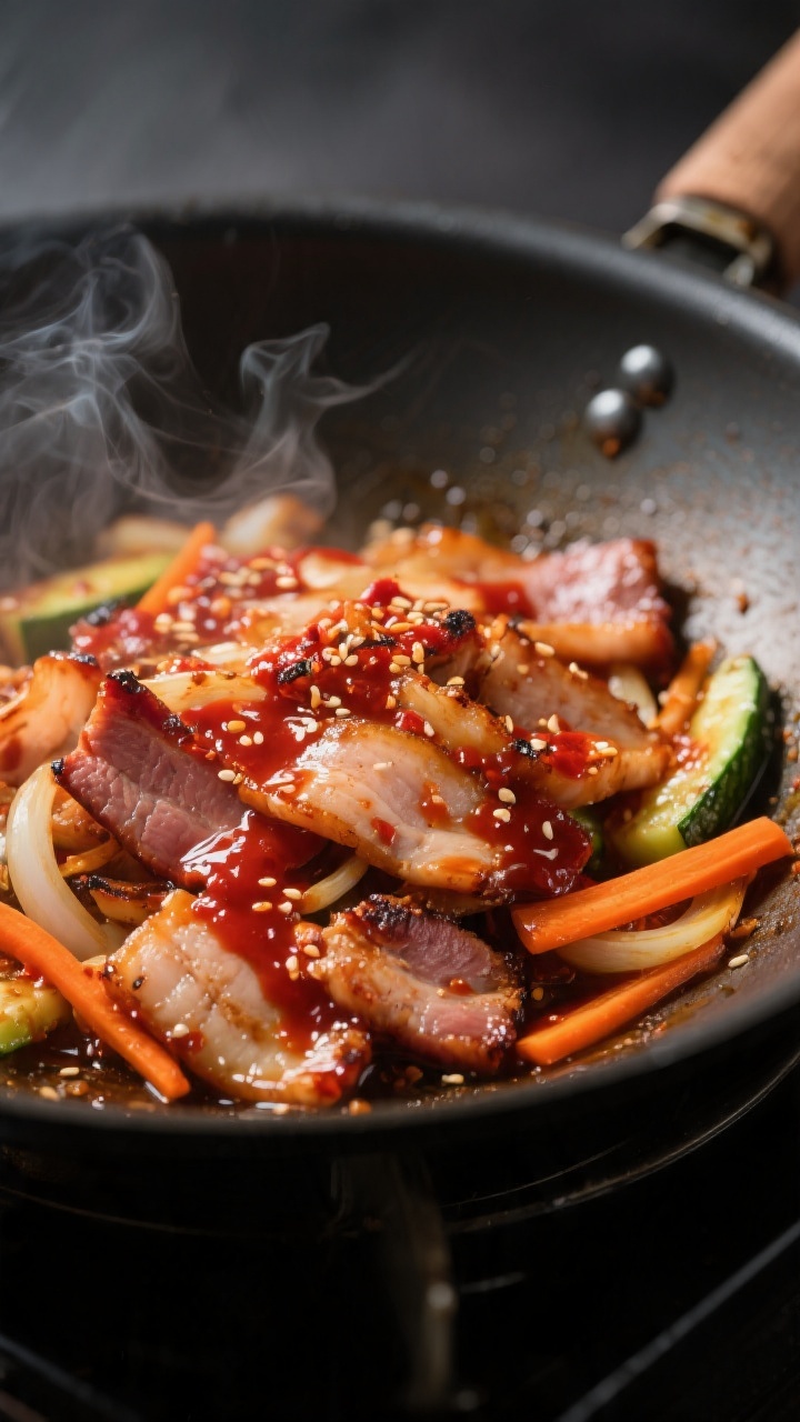 Cooking process, close-up detail: Sizzling jeyuk bokkeum (Korean spicy pork) searing in a hot wok, t