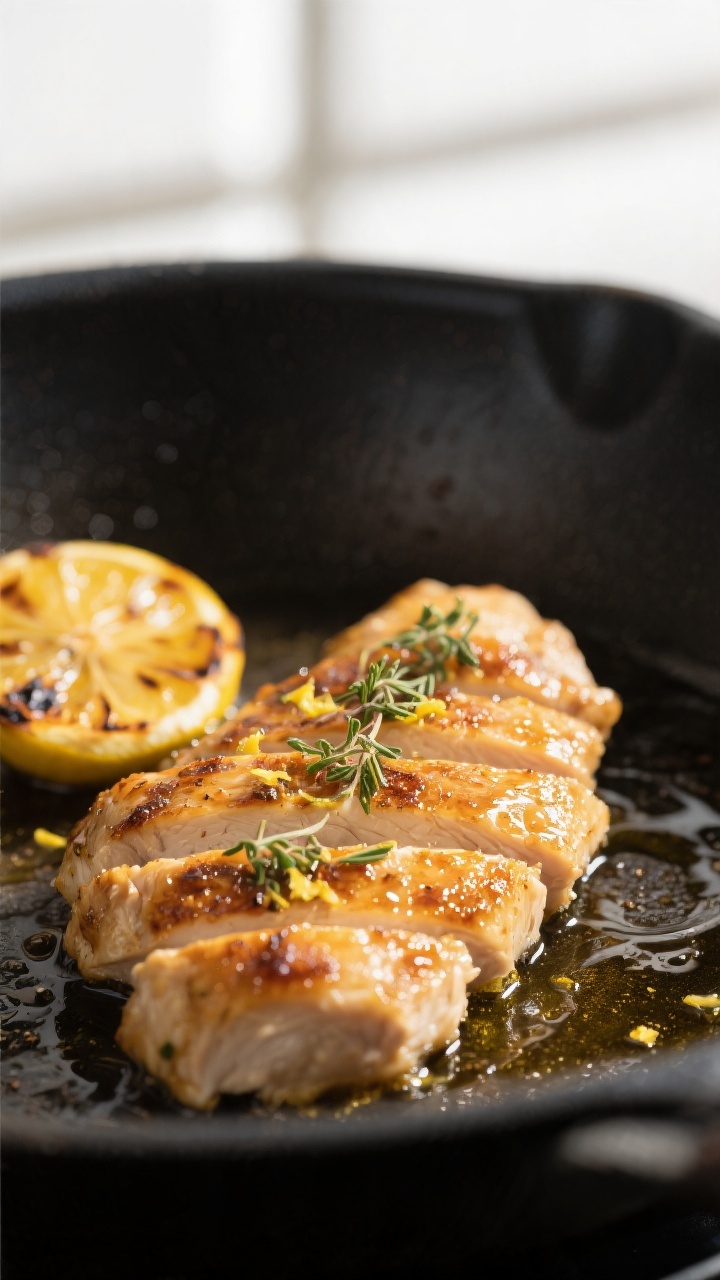 Cooking process, close-up detail: Sliced, golden-browned Mediterranean chicken just off the skillet,