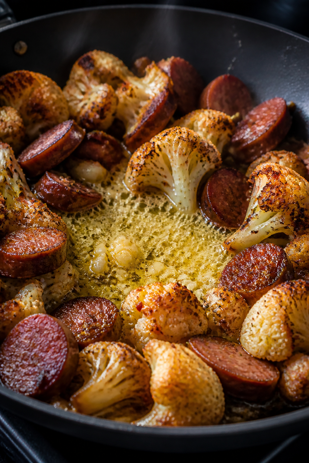 Cooking process, close-up detail: Slices of browned smoked sausage and crisp-tender cauliflower flor