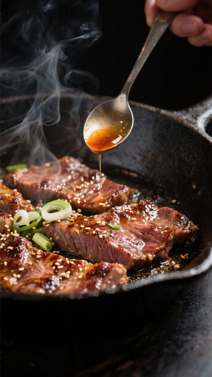 Cooking process, close-up detail: Thin slices of bulgogi beef sizzling in a very hot cast-iron skill