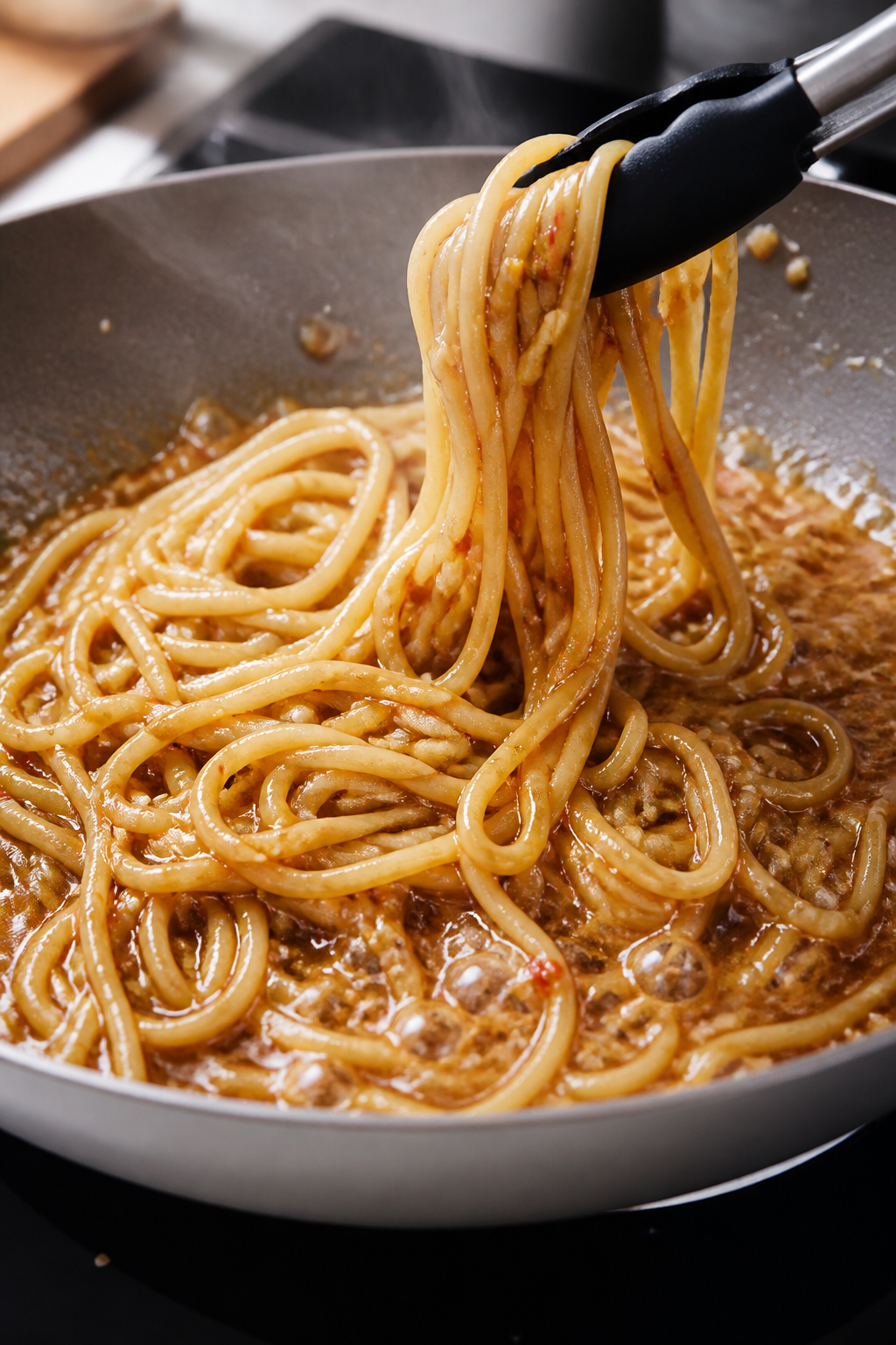 Cooking process, close-up: Glossy garlic butter soy sauce bubbling in a wide skillet with just-tosse