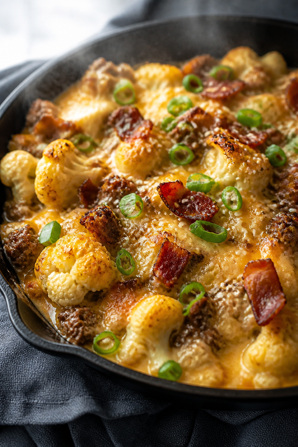 Cooking process close-up: Golden-bubbly bacon cheeseburger cauliflower bake just pulled from the ove