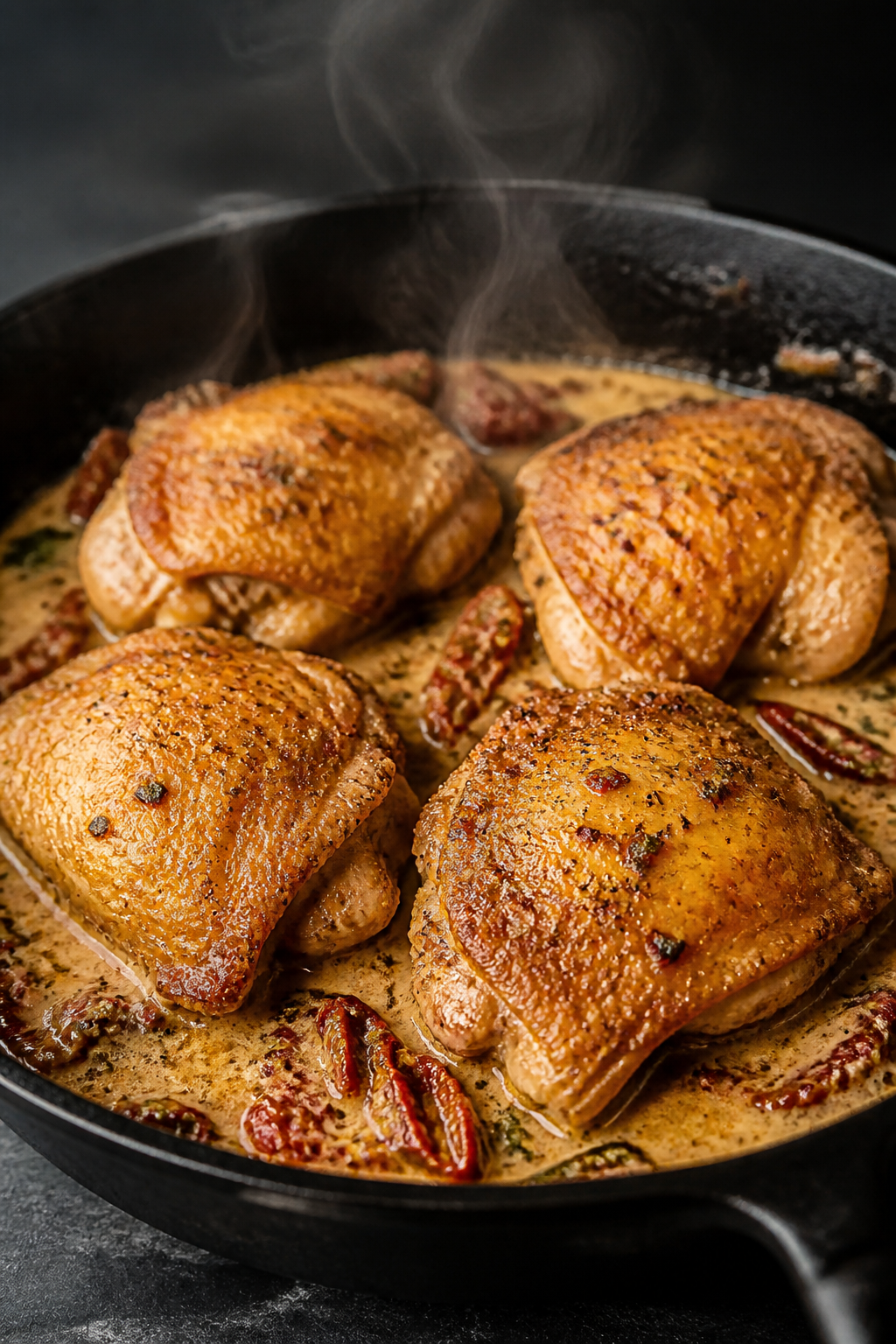 Cooking process, close-up: Golden, crackling skin-on chicken thighs searing in a large oven-safe ski