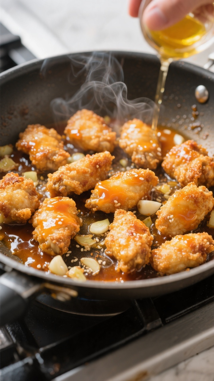 Cooking process, close-up: Golden, pan-fried orange chicken bites sizzling in a large skillet, ultra