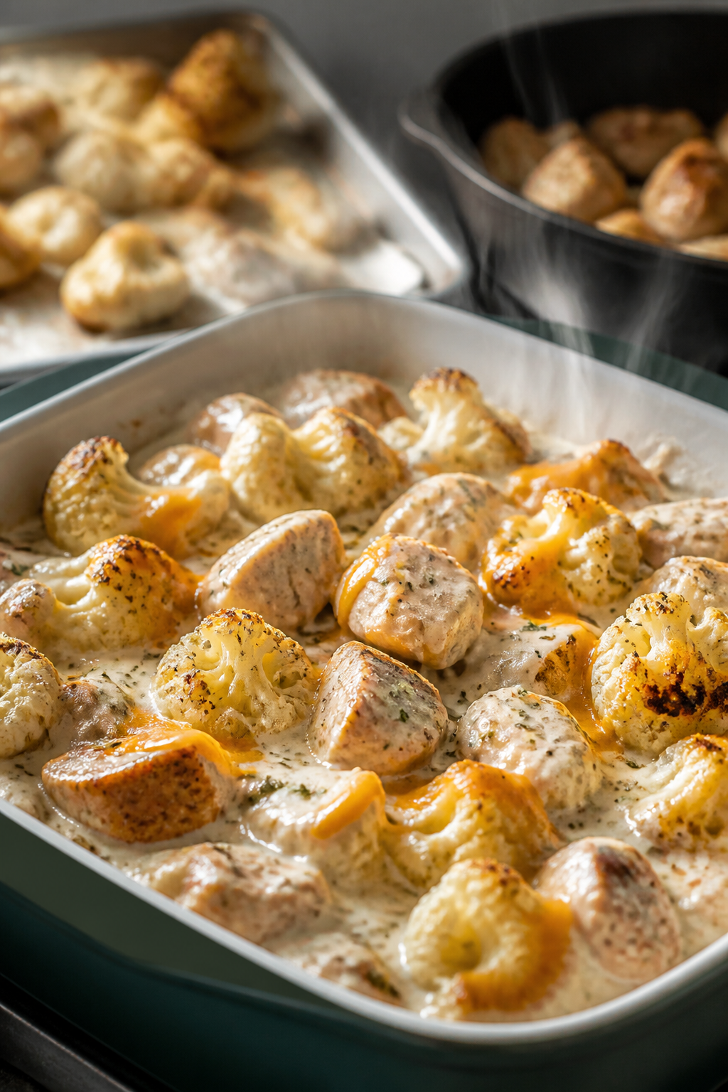 Cooking process close-up: Golden-roasted cauliflower florets and just-seared chicken bites being fol