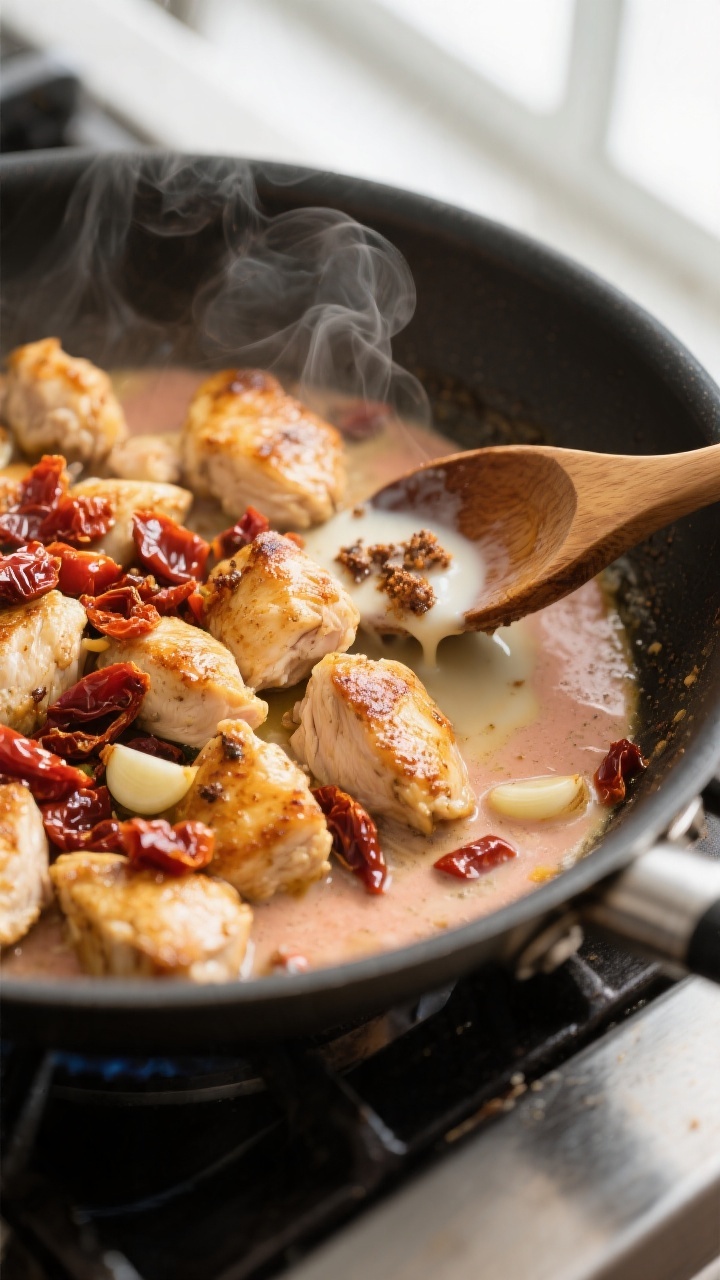 Cooking process, close-up: Golden-seared chicken bites in a large stainless skillet, fond visible on