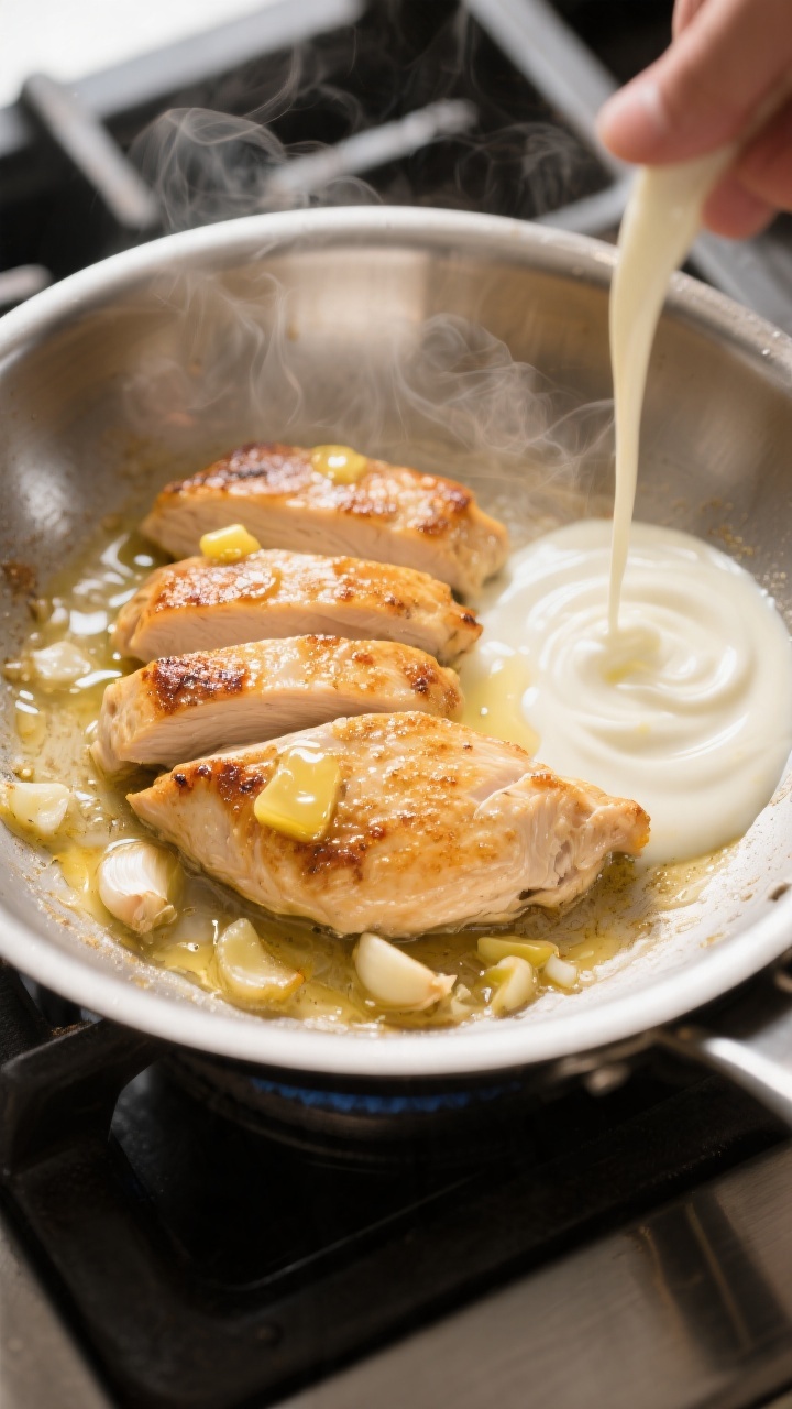 Cooking process close-up: Golden-seared chicken slices in a stainless-steel skillet, edges carameliz