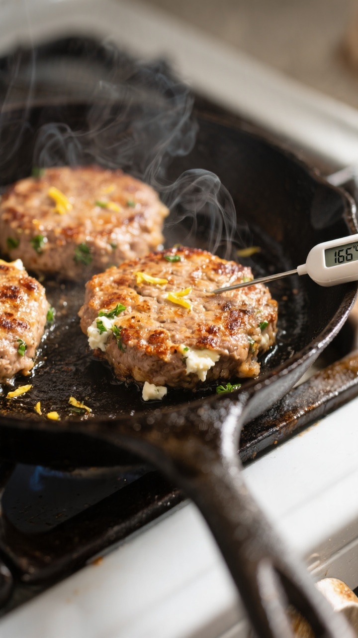 Cooking process close-up: Greek turkey burger patties sizzling in a lightly oiled cast-iron skillet 