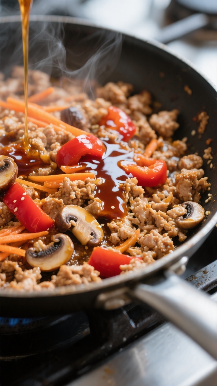 Cooking process close-up: Ground chicken browning in a wide stainless skillet, crumbled into juicy b