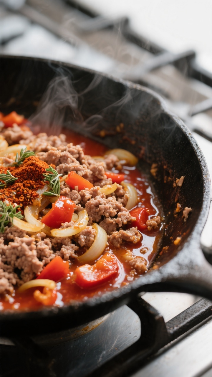 Cooking process close-up: Ground turkey and sautéed onions/bell peppers sizzling in a wide black sk