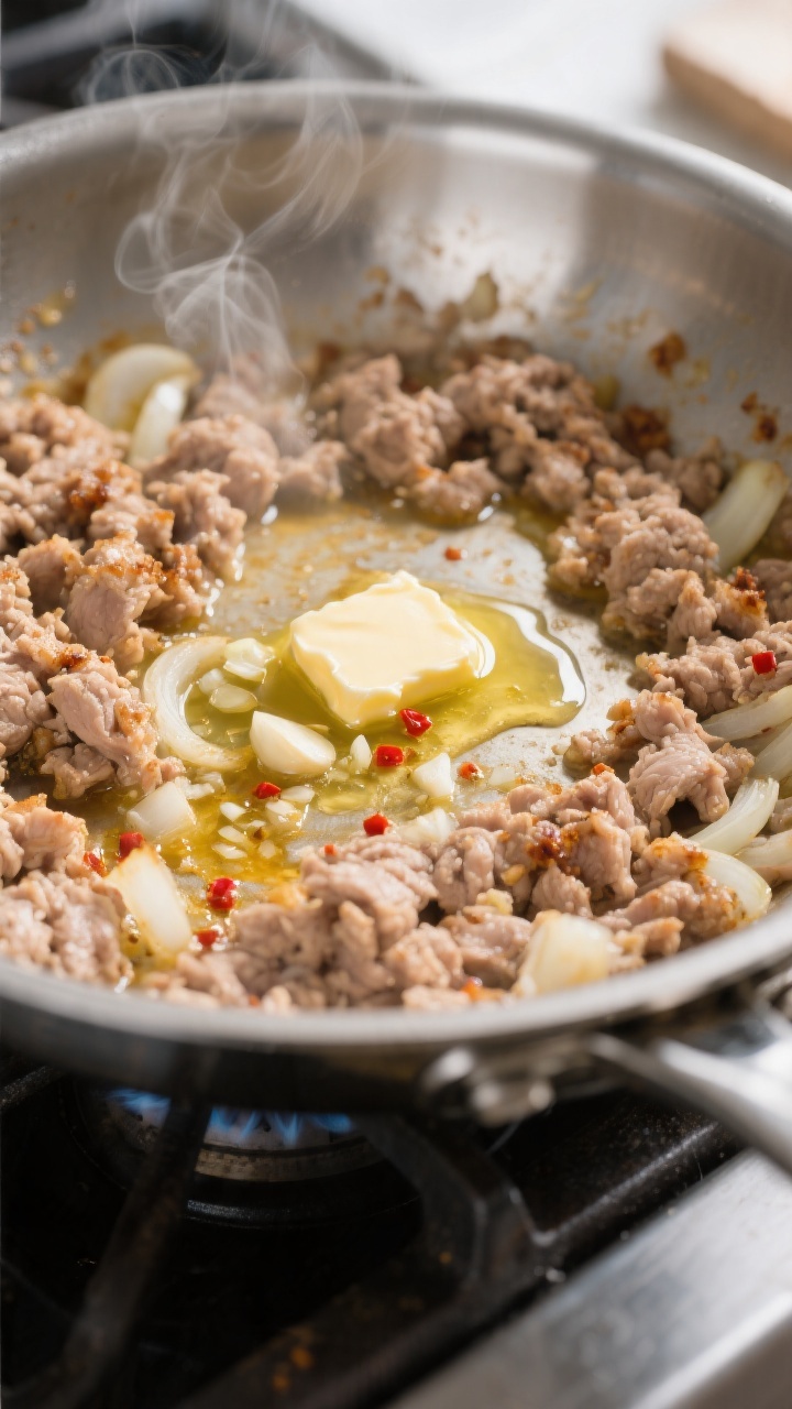 Cooking process close-up: Ground turkey browning in a wide stainless-steel skillet with crispy golde