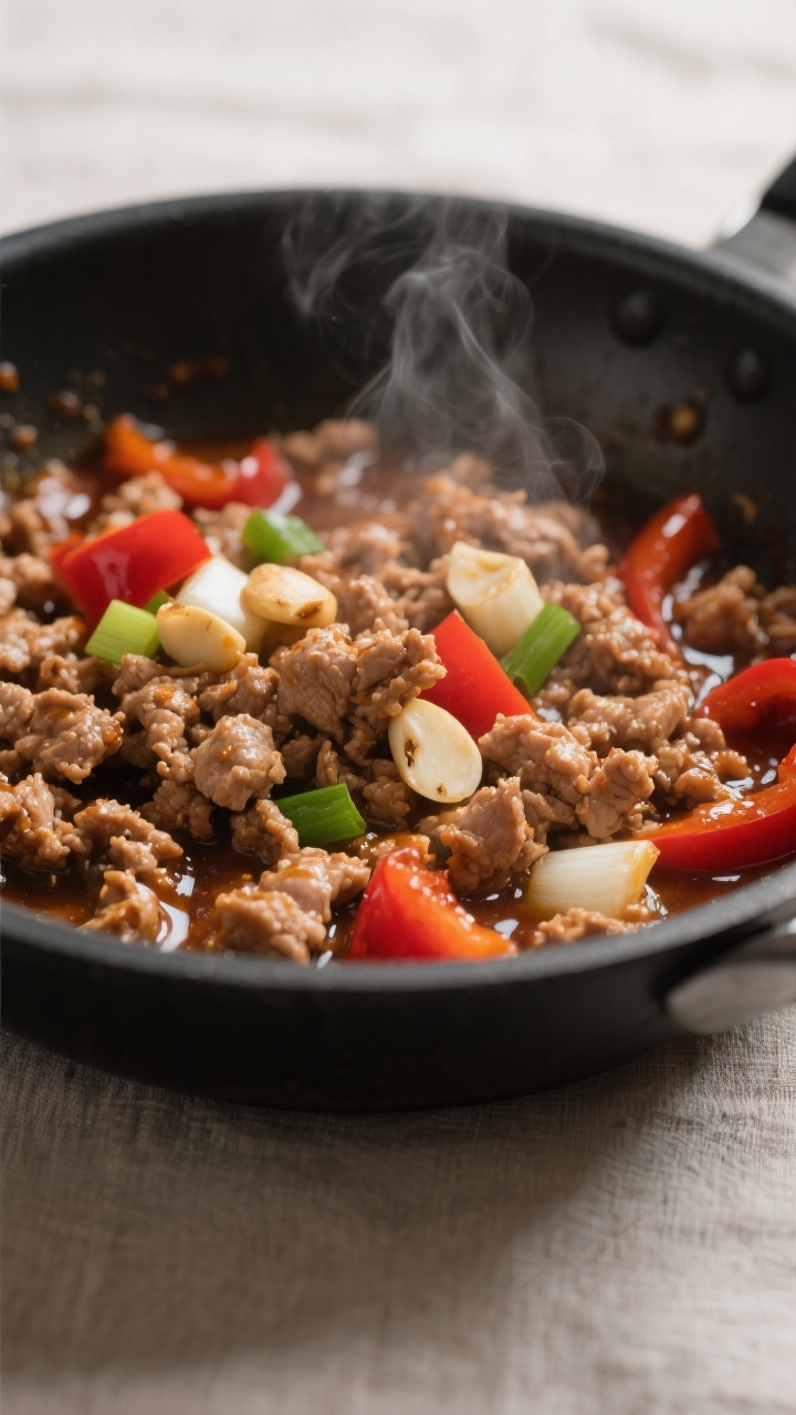 Cooking process close-up: Ground turkey browning in a wide skillet with softened red bell pepper and