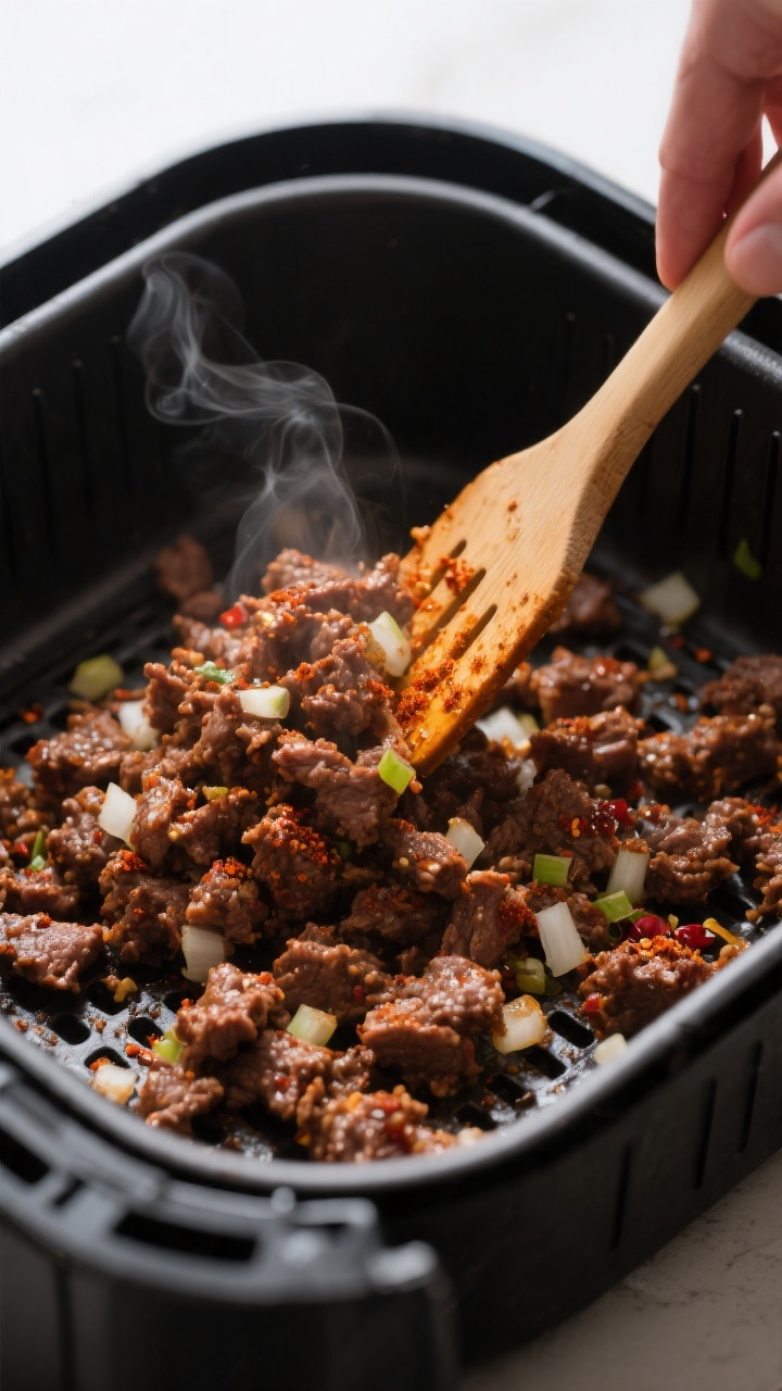 Cooking process, close-up: Juicy air-fried taco beef crumbles in an open air fryer basket at 380°F,