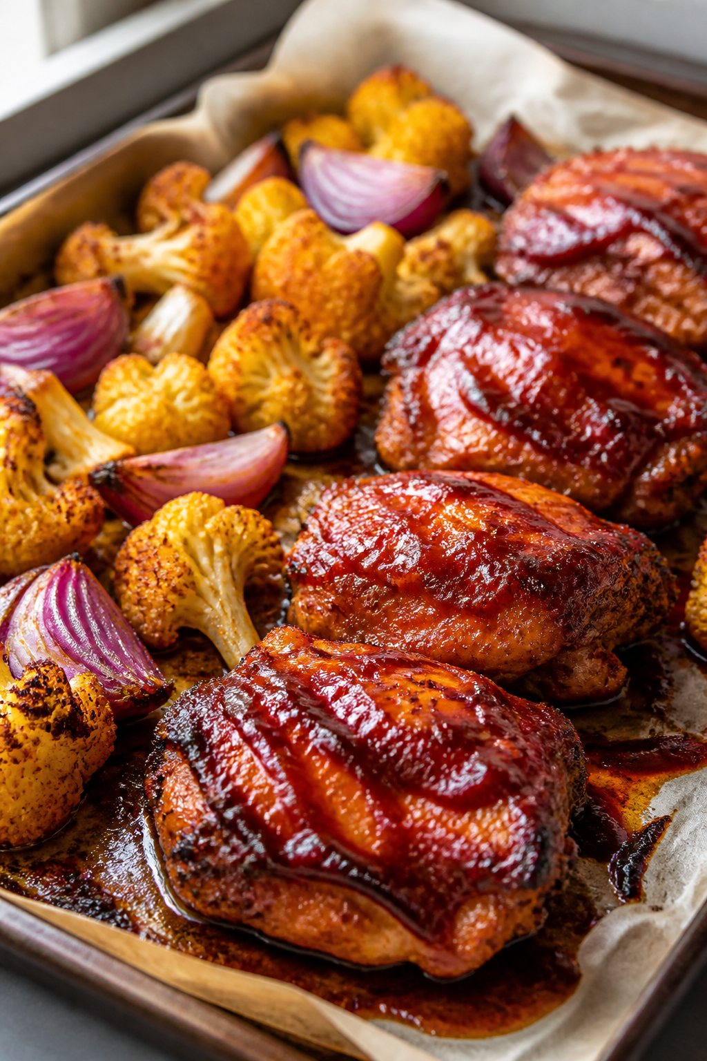 Cooking process close-up: Juicy boneless chicken thighs on a parchment-lined sheet pan at the 15-min